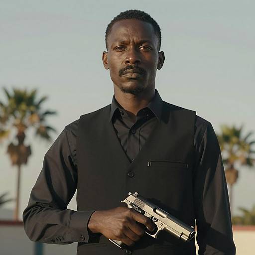 Stylish Man with Handgun Against Sunset