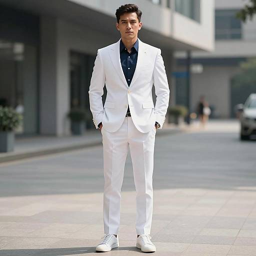Man in White Suit Standing Outdoors