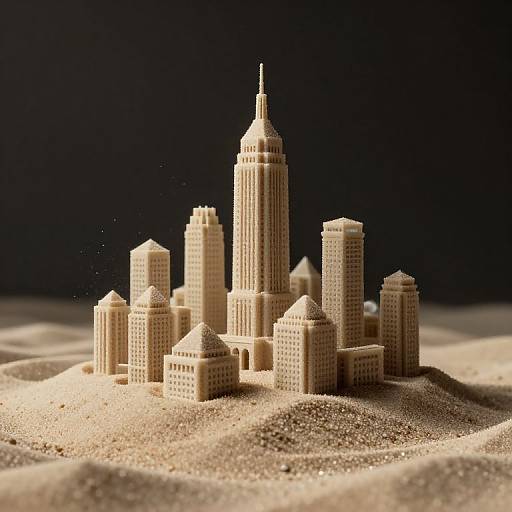 Photograph of a detailed, beige, sandcastle skyscraper cityscape with a tall central tower and surrounding buildings, set against a dark background.