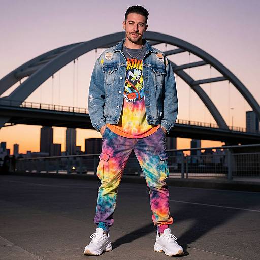 Photograph of a bearded man with short dark hair, wearing a tie-dye shirt, denim jacket, and matching tie-dye pants, standing