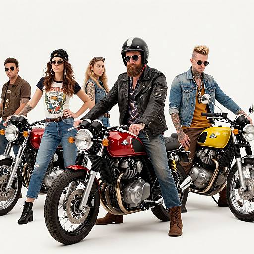 Photograph of five bikers, four men and one woman, standing with motorcycles; diverse styles, denim, leather, tattoos, sunglasses, white background