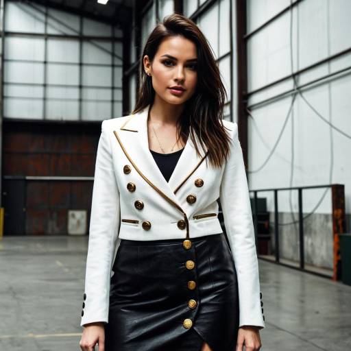 Modern Edgy Woman in White Blazer and Black Leather Skirt