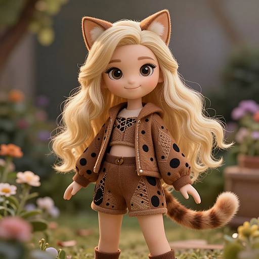 Digital art of a cute, blonde-haired doll with cat ears and tail, wearing a brown, spotted hoodie and shorts, standing in a colorful garden.