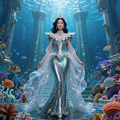 Photorealistic digital artwork: A fair-skinned, dark-haired mermaid queen in a shimmering silver gown with white, translucent train, standing underwater