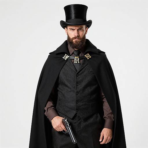 Bearded Man in Top Hat and Cape Holding Pistol