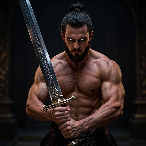 Photograph of a muscular, bearded man with a topknot, holding an ornate sword, glaring intensely, with a dark, dramatic background