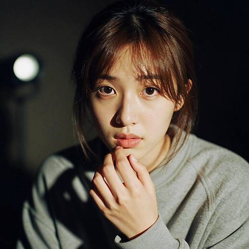 Photograph of a young Asian woman with fair skin, brown hair, and bangs, wearing a grey sweater, illuminated by a spotlight, with a