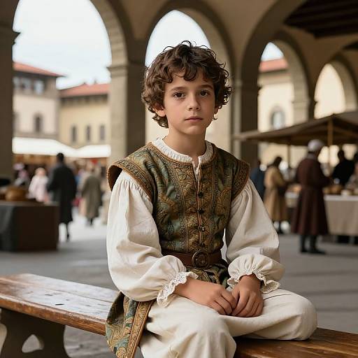 Photograph of a young boy with curly brown hair, wearing a medieval-style white shirt and green patterned vest, sitting on a wooden bench in a