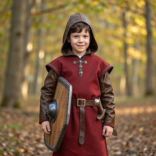 Photograph of a young boy in medieval attire, standing in a forest with autumn leaves, wearing a red tunic, brown hood, cross necklace,