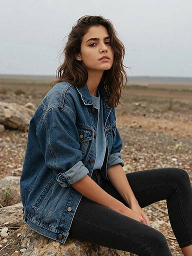 Young Woman in Denim Jacket Sitting on Rock Outdoors