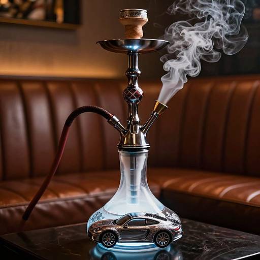 Photograph of a glowing glass hookah with a lit cigarette, emitting smoke, on a black marble table in a dimly-lit brown leather booth