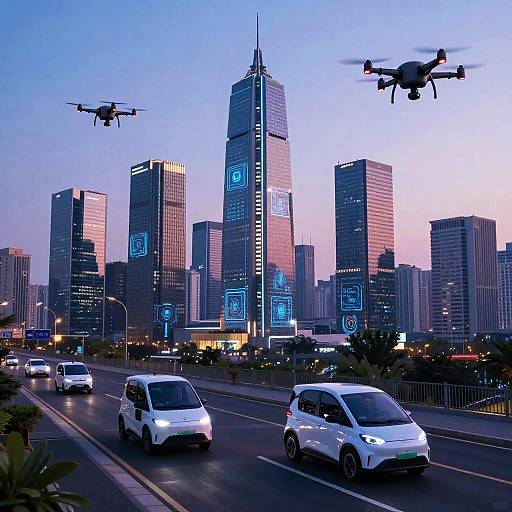 Photograph of futuristic cityscape at dusk with illuminated skyscrapers, two drones flying, and white cars on a busy road.
