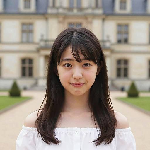 Photograph of a young Asian woman with straight black hair, wearing a white off-shoulder top, standing in front of a grand, blurred European