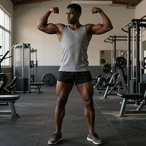 Photograph of muscular Black man in gray tank top, black shorts, flexing biceps in gym with weight machines and equipment.