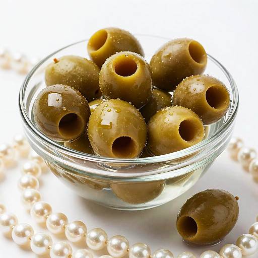 Photograph of a clear glass bowl filled with brown, water droplet-covered olives, with scattered white pearls on a white background.