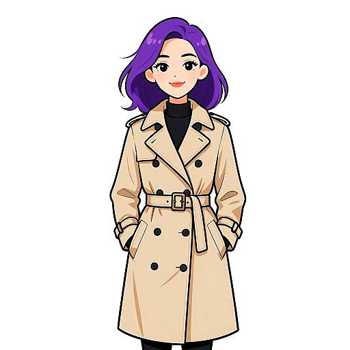 Digital anime-style drawing of a smiling woman with purple hair, wearing a beige trench coat, black turtleneck, and hands in pockets.