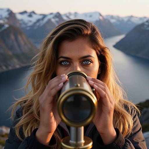 Photograph of a blonde woman with blue eyes, holding binoculars, gazing intently at a mountainous, lakeside landscape in the background