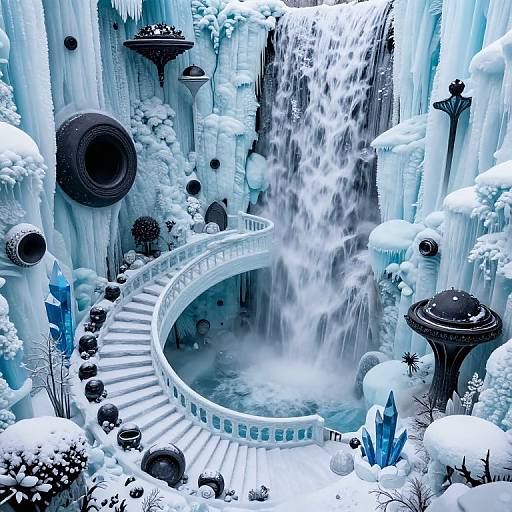 Photograph of an icy, surreal winter wonderland featuring a cascading waterfall, snow-covered structures, a curved white staircase, and blue crystals.