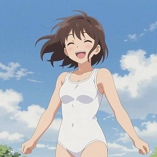 Anime-style digital drawing of a smiling, brown-haired girl in a white one-piece swimsuit, arms raised, against a bright blue sky with white clouds