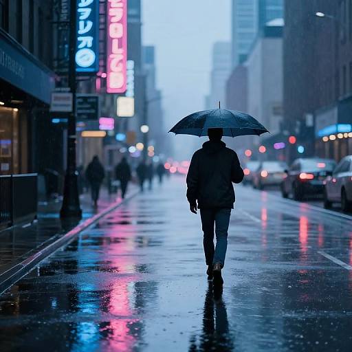 Silhouetted person under umbrella walks down a rainy urban street, illuminated by neon signs and reflections on wet pavement. Photographic image.