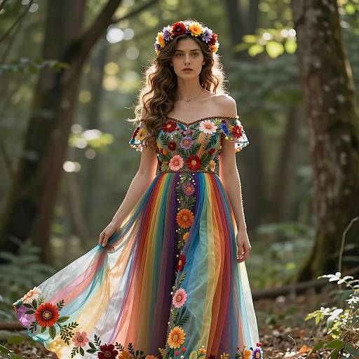 Woman in Colorful Floral Embroidered Dress in Forest