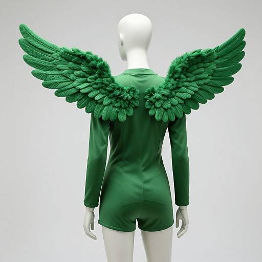 Photograph of a white, faceless mannequin wearing a green, long-sleeve dress with large, detailed, green feathered wings on
