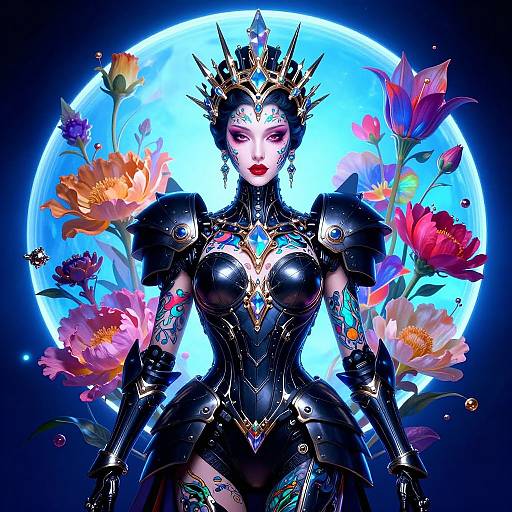 Digital art of a regal, armored woman with a crown, glowing blue background, and vibrant flowers. She has red lips and blue eyes, with