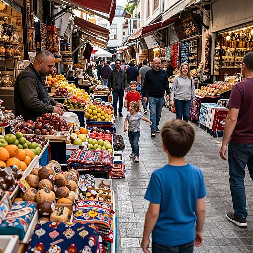 Photograph of a bustling outdoor market with colorful fruit stalls, diverse shoppers, including a young boy in blue, and vendors.
