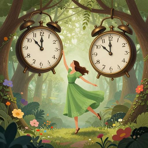 Digital illustration of a girl in a green dress, dancing between two hanging vintage alarm clocks in a sunlit, colorful forest.