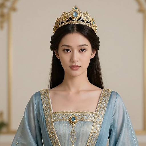 Photograph of a young Asian woman with long black hair, wearing a gold crown and blue, intricately embroidered royal gown.
