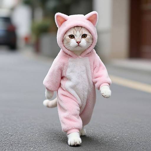 Photograph of a cute, white and orange cat wearing a pink, fluffy cat onesie with ears, walking on a gray street.