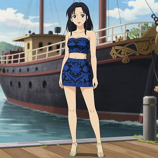 Anime-style digital artwork of a black-haired woman in a blue lace strapless top and skirt, standing on a wooden dock with a large ship in the