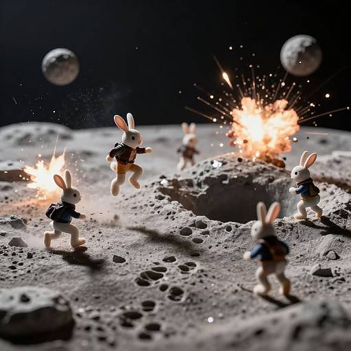 Photograph of white, anthropomorphic rabbit figurines in space suits running on a textured, cratered moon surface, with explosions and floating rocks in the