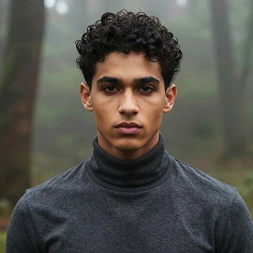 Photograph of a young man with curly black hair, dark skin, and intense eyes, wearing a gray turtleneck, standing in a misty