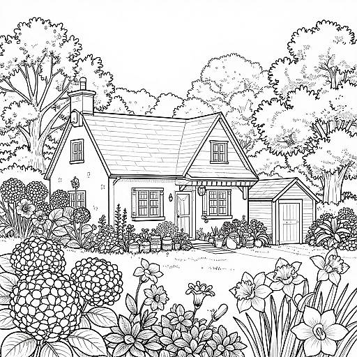 Black-and-white line drawing of a charming, two-story house with a gabled roof, surrounded by lush, detailed gardens and tall trees.