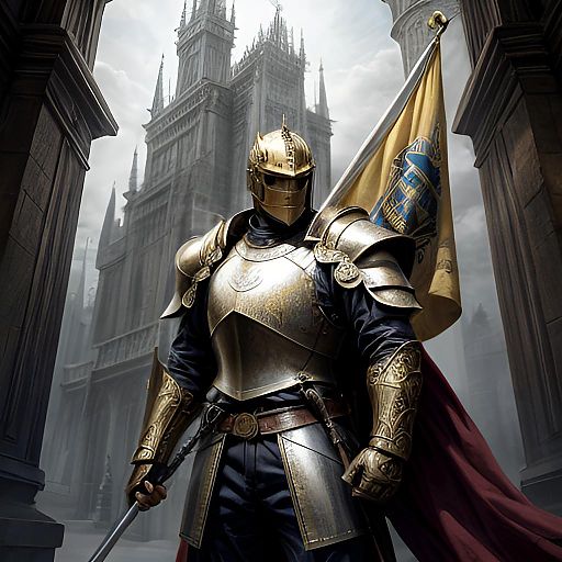 Golden Armored Knight with Lion Banner