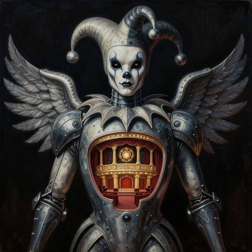 Digital art: metallic, winged jester with jester hat, skeletal face, armor, heart-shaped chest revealing ornate, golden theater interior,