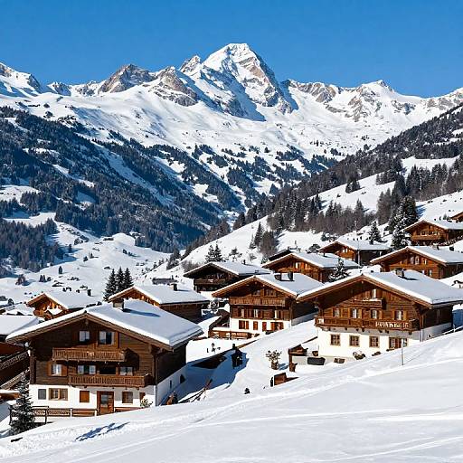 Photograph of snow-covered mountain village with wooden chalets, 