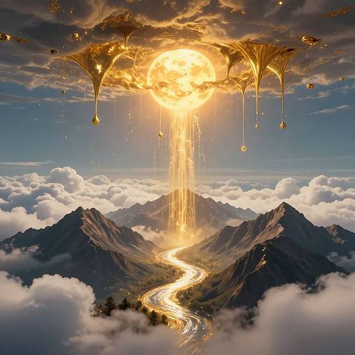 Digital artwork of a radiant sun with golden, dripping clouds pouring light onto a winding river between mountain peaks, surrounded by fluffy clouds.