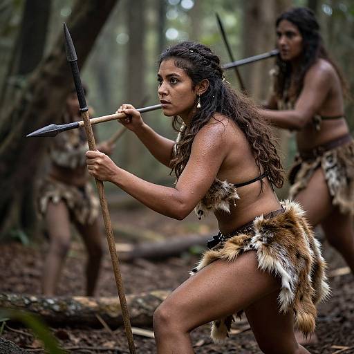 Photograph of three Indigenous women in a forest, wearing fur loincloths and holding spears, with serious expressions and focused stances.