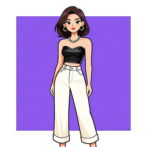 Digital illustration of a stylish woman with shoulder-length brown hair, wearing a black strapless top, white high-waisted pants, hoop earrings, and