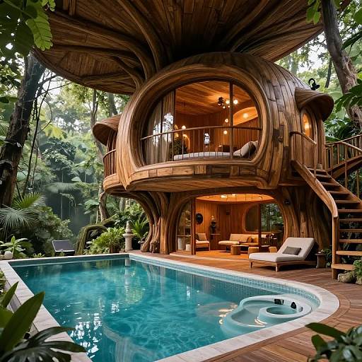 Wooden Treehouse Mansion with Pool in Mystical Forest
