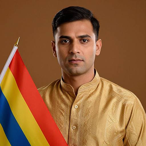 Photograph of a South Asian man with short black hair, wearing a gold embroidered button-up shirt, holding a colorful flag against a brown background.