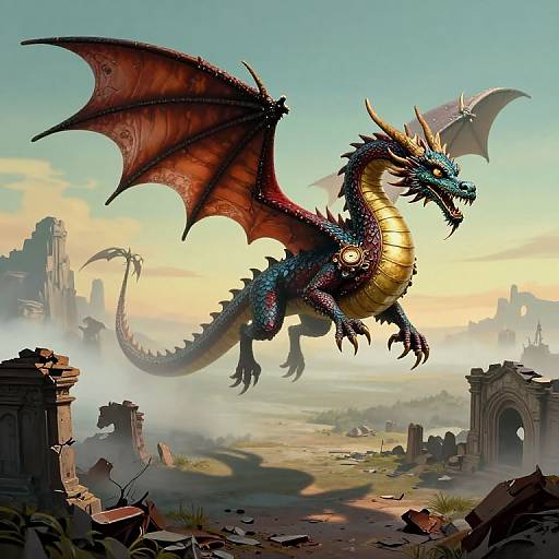 Digital fantasy artwork of a vibrant blue and gold dragon with red wings soaring above a ruined, ancient cityscape at sunrise.