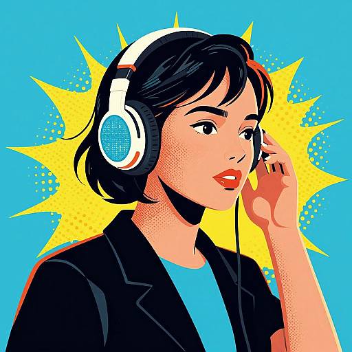 Digital pop art of a woman with black hair, red lips, wearing white headphones, black shirt, against a bright blue and yellow background.