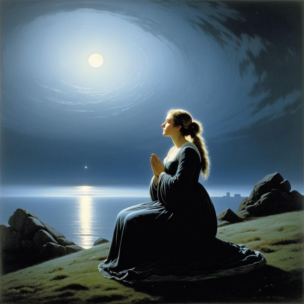 Serene Pregnant Woman Praying Under Moonlight