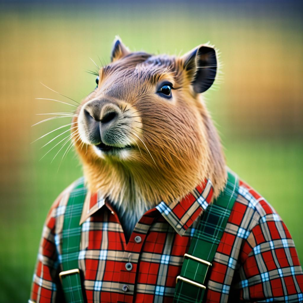 Vintage Capybara in Plaid Attire Portrait