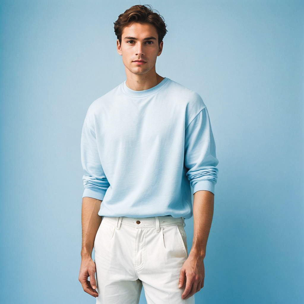 Relaxed Young Man in Arctic Blue Studio