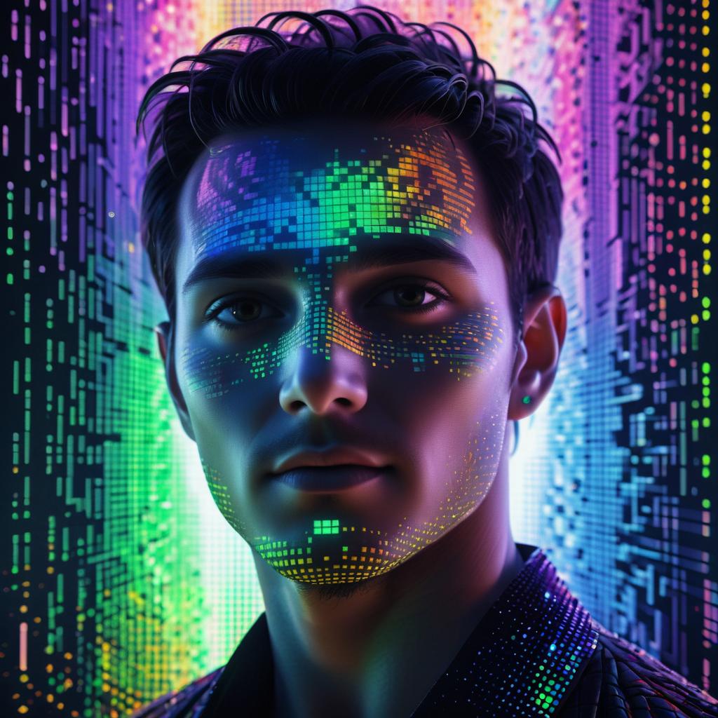 Ethereal Male Face in Digital Pixel Art