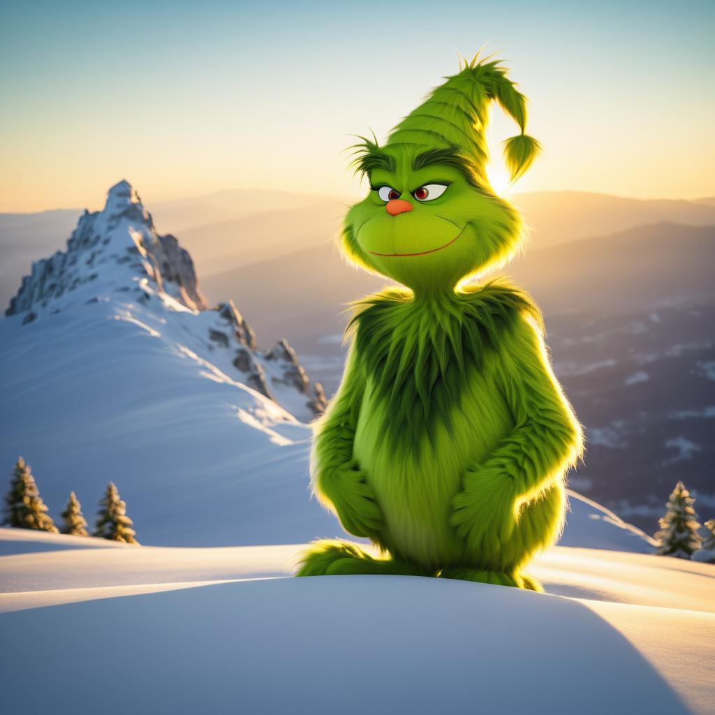 Grinch at Sunset on Snowy Mountain